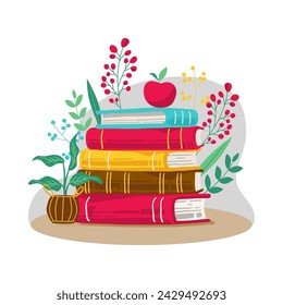 Montón de libros con hojas y flores. Ilustración vectorial en estilo plano.