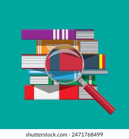 Pile of books and magnifying glass. Reading education, e-book, literature, encyclopedia. Vector illustration in flat style