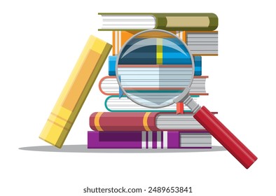 Pile of books and magnifying glass. Reading education, e-book, literature, encyclopedia. Vector illustration in flat style