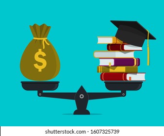 Pile of books with money on scales. Financial investment in knowledge, education concept. Worth of student education. Stack of book, bag of dollar. Financial payment for study of school. flat vector