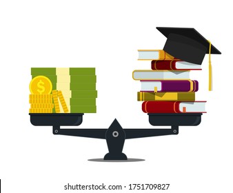 Pile of books with money on scales. Financial investment in knowledge, education concept. Worth of student education. Stack of book, bag of dollar. Financial payment for study of school. flat vector