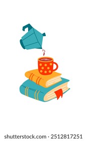 Pile books with a mug and a coffee pot from which coffee is poured on the top. Home library. Cozy autumn illustration. Concept for card, festival, stickers, poster and banner, vector illustration