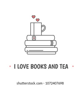 Pile of books and a mug with heart symbols. Quote «I love books and tea». I love reading concept. Line icon for libraries, stores, festivals, fairs and schools. Vector illustration.