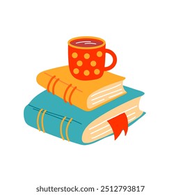 Pile books with a mug on the top. Standing books composition isolated on white background. Home library. Concept for card, festival, stickers, poster and banner, vector illustration