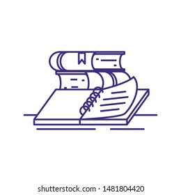 pile books with notebook open