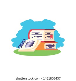 pile books with notebook open