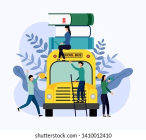 Pile of books on the school bus, education vector illustration