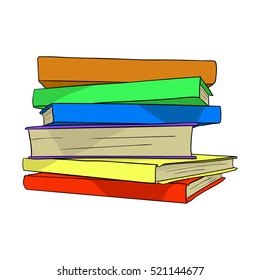 Pile of books on white background. Hand drawn stack of many colorful books. Flat vector illustration done in cartoon style.