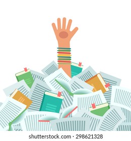 Pile of books and Overwhelmed student. Too much study. Student's hand drowning in books. Education concept. Vector colorful illustration isolated on white