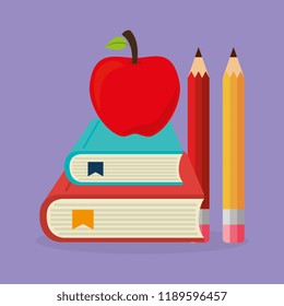 pile books with pencils and apple