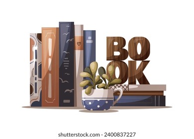 Pile of books, potted plant and wooden word "book". Bookstore, bookshop, book lover, reading, interior concept. Isolated Vector illustration.