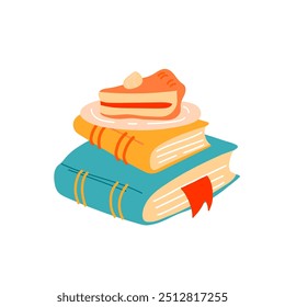 Pile books with pumpkin pie. Home library. Cozy autumn illustration. Concept for card, festival, stickers, poster and banner, vector illustration