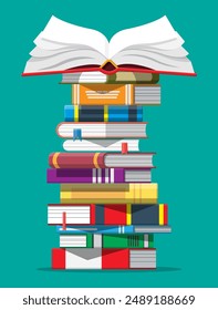 Pile of books. Reading education, e-book, literature, encyclopedia. Vector illustration in flat style