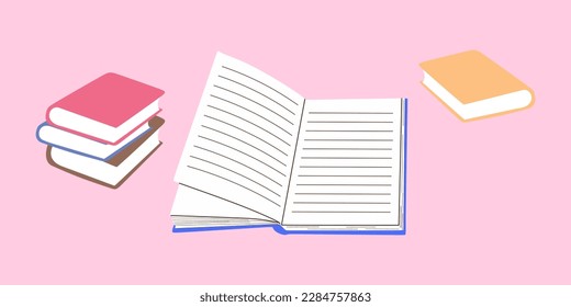 Pile of books for reading, open book on a pink background. Stack of textbooks for education. Education and online class concept. flat vector illustration