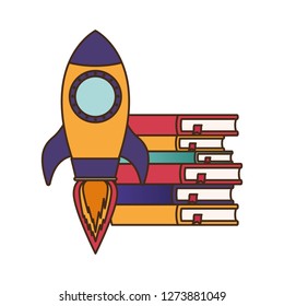 pile of books with rocket isolated icon