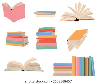 A pile of books set. Book stickers for a reading journal. Open and closed books for reading. Education, knowledge, concept of training. 