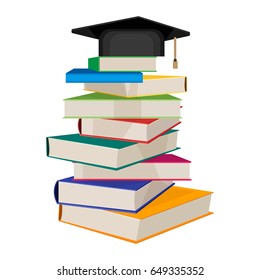 Pile of books with square academic hat on top vector illustration