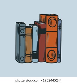 Pile of books. Stack of library books with hand drawn engraving sketch vintage stye vector illustration icons. Library literature, stacks book school, knowledge and education concept
