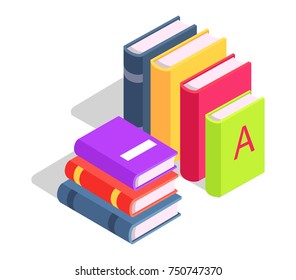 Pile of books standing in row and lying one on another vector illustration isolated on white. Colorful textbooks in hardcover, encyclopedia materials