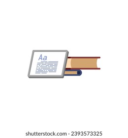 Pile von Büchern mit Tablet, E-Book. Literatur zur Vektorsprache, Wörterbücher und Enzyklopädien, Bibliothek oder Buchhandlung. Konzept der Wissens- und Bildungsprüfung