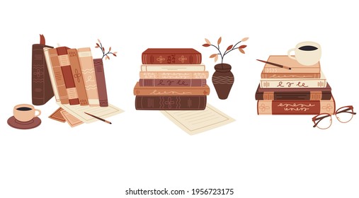 Pile of books with vase, paper and pencil flat cartoon illustration collection. Library, bookstore banner design. Education aesthetic, elegant study background set. 