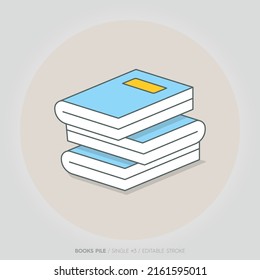 Pile Bücher Vektorsymbol einzeln auf ebene Art. Studien und Wissen, Bibliothek und Bildung, Wissenschaft und Literatur. mit Stift und Schatten, Text und Linien. Bearbeitbarer Strich.