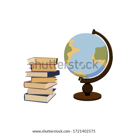 Pile of books and vintage globe. Georaphy science. Learning and studying class. Vector isolated graphic illustration