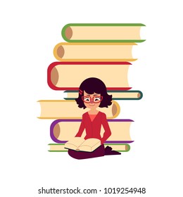 Pile of books and young woman, girl, adult sitting and reading, flat cartoon vector illustration isolated on white background. Pile of books and front view portrait of reading girl, woman in glasses