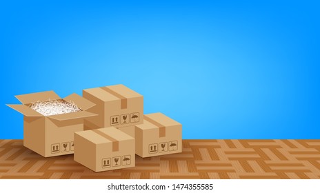 pile boxes brown placed on the parquet floor in the blue room empty, cardboard carton box and copy space ad, stack cardboard box carton on the room floor, parcel boxes brown packaging for transport