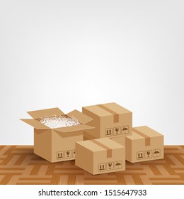 pile boxes brown placed on the parquet floor in the room empty, cardboard carton box and copy space banner ad, stack cardboard box carton on the room floor, parcel boxes brown packaging for transport