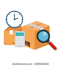 pile boxes carton with clock and magnifying