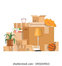 Pile Of The Boxes With Different Stuff Vector Isolated. Brown Package For Fragile Things Transportation. Carton Boxes. Moving Concept. Plant, Lamp, Books And Hat On Boxes.