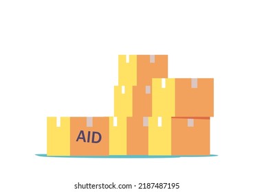 Pile of Boxes with Donation and Humanitarian Aid to Poor People and Refugees in Need. Charity, Social Help, Carton Packages with Clothes, Food, Stationery, School Stuff. Cartoon Vector Illustration