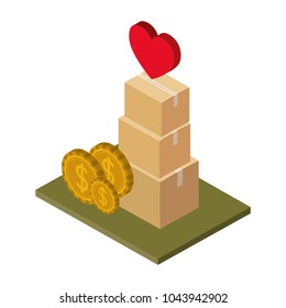 pile boxes with heart and coins isometric