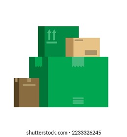 Pile of boxes. Package delivery. Various mail shipping boxes. Stockpile of goods. Sealed boxes ready for distribution. Shopping. Shipping gifts for holidays. Eco green and brown. Vector illustration.