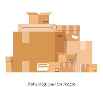 Pile of the boxes vector isolated. Brown package for fragile things transportation. Carton boxes