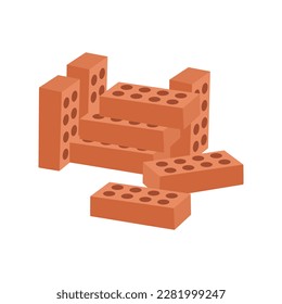 Pile of bricks. Heap red stone square brick for masonry, repair, renovation isolated on white background. Rectangle building units, stacked blocks pile. Flat vector illustration