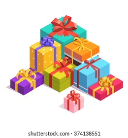 Pile of bright, colorful present and gift boxes with ribbon bows. Flat isometric illustration on white background.