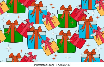 A pile of bright holiday gifts.
Seamless pattern on a blue background.
Cartoon vector illustration.