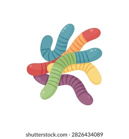 A pile of brightly colored gummy worms candies in various fruit flavors