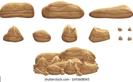 A pile of brown rock stones for games props. Brown Boulders for game props. Game background objects. Illustration of cartoon style rock stones or boulders.