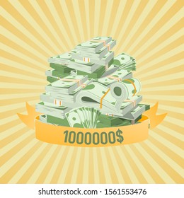 Pile of bundles with money with million dollars win vector illustration on vintage stripped background. Business, banking or casino win concept. Cash dollars money pile. Currency bills.