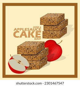 Pile of cake which is usually called Applesauce cake with fresh apples and bold text in frame on light brown background to celebrate National Applesauce Cake Day on June 6