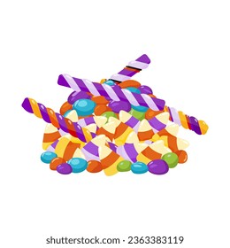 A pile of candy and candy canes on a white background. Various sweets for children for the holiday Halloween. Multicolored sweet treats. Vector illustration.