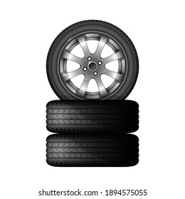 Pile of car tires with alloy wheel rim, tyre fitting service and sale advertisement poster, vector