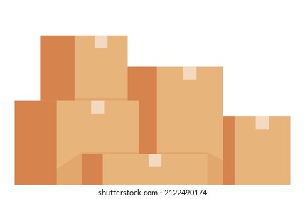 A pile of cardboard boxes. Beige cardboard closed box stack on wooden pallets, packaging cargo storage, industry shipment, shipping goods. Vector illustration. Moving or delivery. Vector