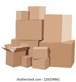 Pile of cardboard boxes on a white background