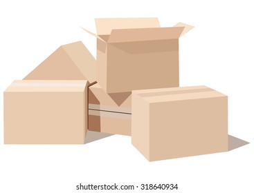 Pile of cardboard boxes on a white background