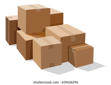 Pile of cardboard boxes on a white background