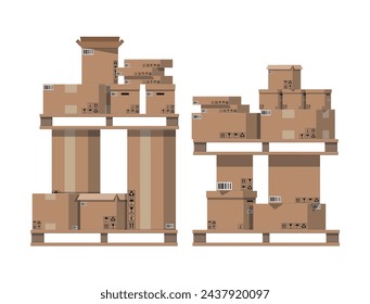 Pile cardboard boxes on wooden pallets. Carton delivery packaging open and closed box with fragile signs. Vector illustration in flat style